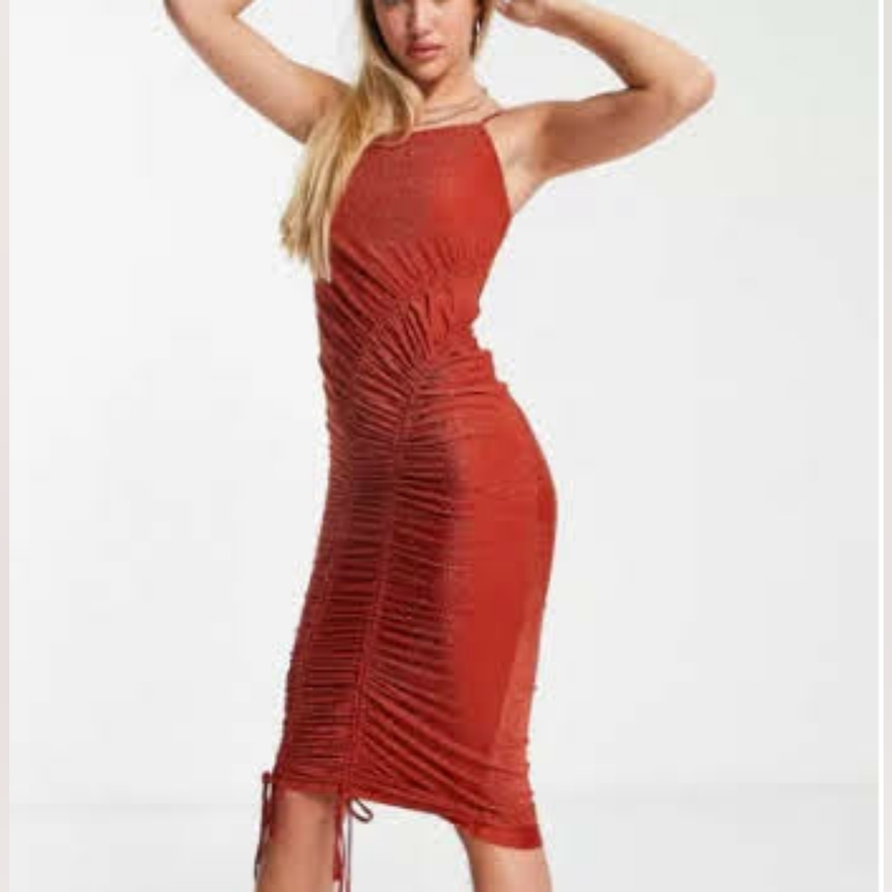 Rare London ruched dress with cami straps rust color womens 2